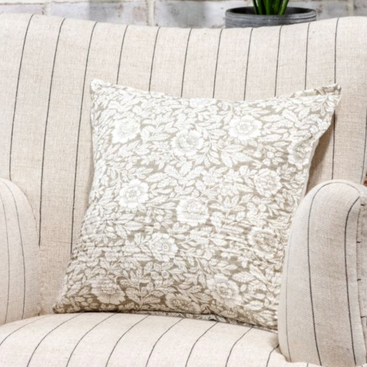 Beige Floral + Leaf Square Pillow
